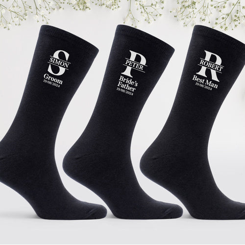 Personalised Wedding Socks for Groom and his Entourage. Decorated with Person's First Letter