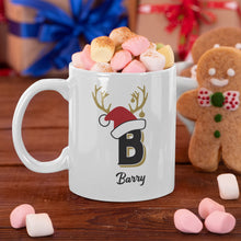 Christmas 11oz White Ceramic Mug with Person's First Name and Decorated First Letter. Xmas Ideas for Colleagues, Friends & Family Members